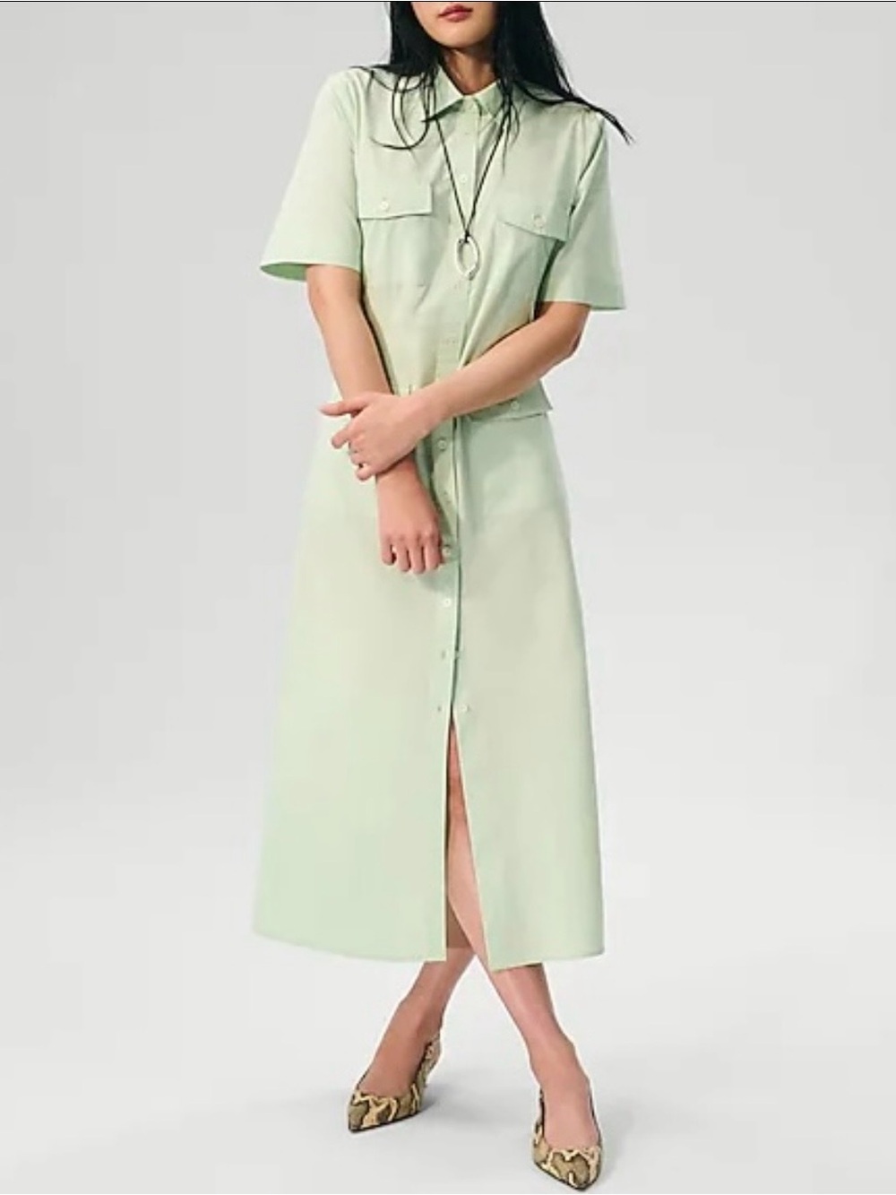 J.Crew NWT Utility midi shirt-dress in cotton poplin 6 Sheer Mint Green Pockets